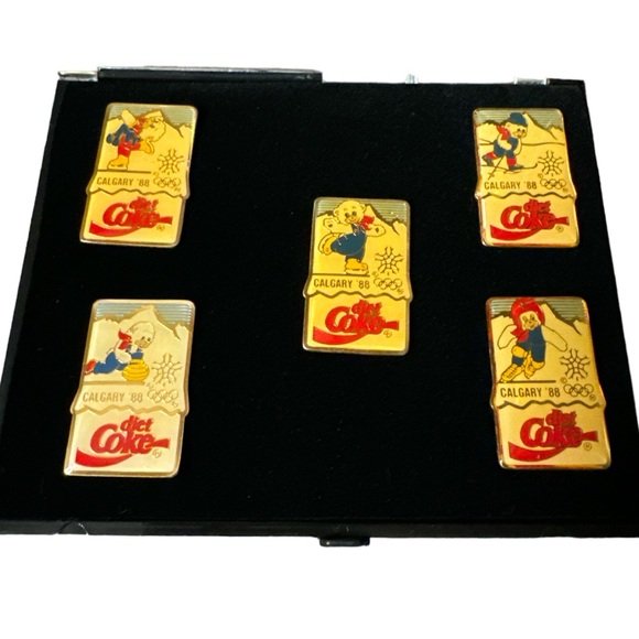 Diet coke Pin set #1 1988 Calgary Winter Olympics 5 pins in case w/ Box #KID 938 - Picture 3 of 8